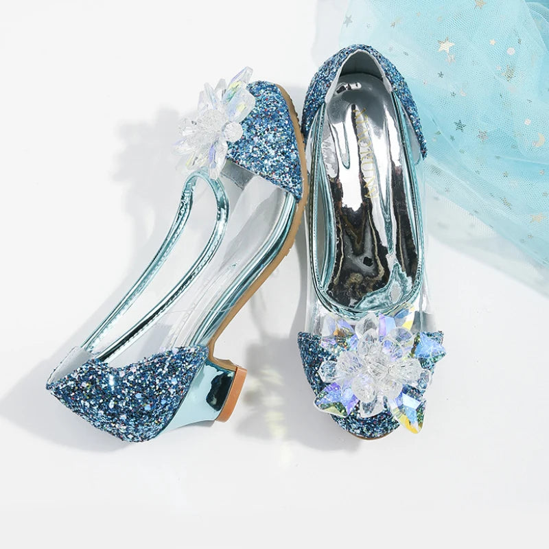 Pink Blue Princess Dance Shoes for Girls Low Heels for Kids Birthday Party Glitter Crystal Diamond Shoe Child Gown Leather Shoes