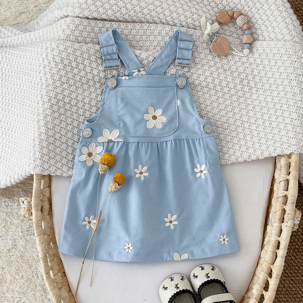 Toddler Infant Girls Denim Dresses Flowers Embroidery Strap Knee-Length Kids' Dresses One-piece 0-3 Years Overall Girl Clothes