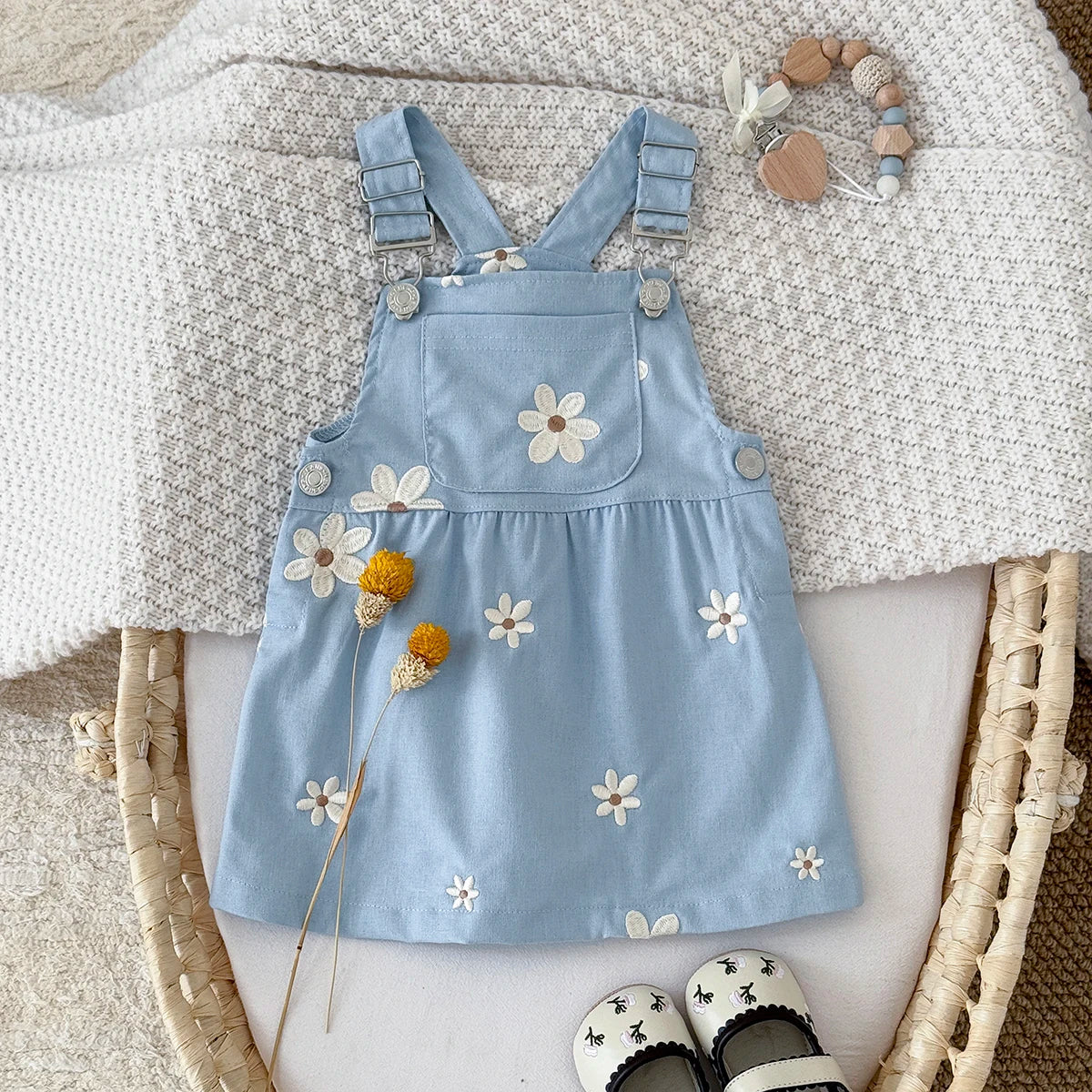 Toddler Infant Girls Denim Dresses Flowers Embroidery Strap Knee-Length Kids' Dresses One-piece 0-3 Years Overall Girl Clothes