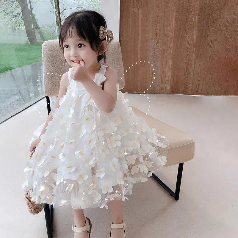 Summer Toddler Dresses Cute Flower Princess Dress Female Baby Butterfly Appliques Dress Children Mesh Bow Kids White Costume