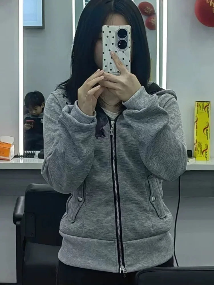 Y2k Aesthetic Vintage Printing Pocket Hoodies Gothic Fairy Grunge Hooded Jackets Autumn Women Double Zippers Punk Sweatshirt