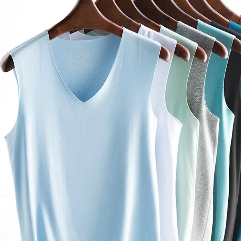 Men's Vests Summer Ice Silk V Neck Sleeveless Solid Color Slim Seamless Fitness Tank Tops QXMY-02024002