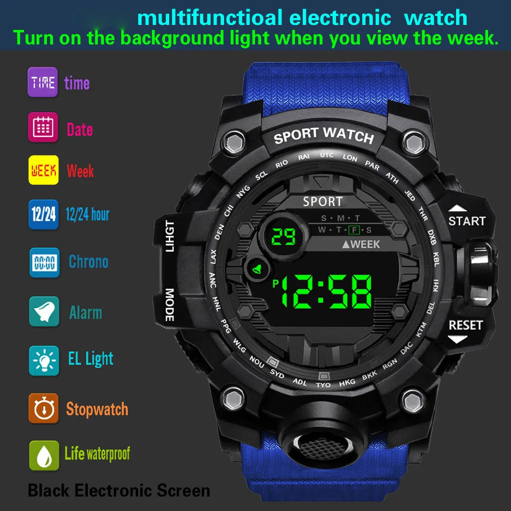 Men's Watch Fashion Sports Electronic Wristwatch Large Dial Multifunctional Waterproof Luminous Alarm Kids Male's Military Watch