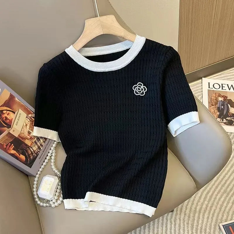 Summer Knitted T-Shirt Women's Round Neck Short Sleeve Loose Sweater Luxury Designer Rose Flower Embroidered Top Women's Clothes