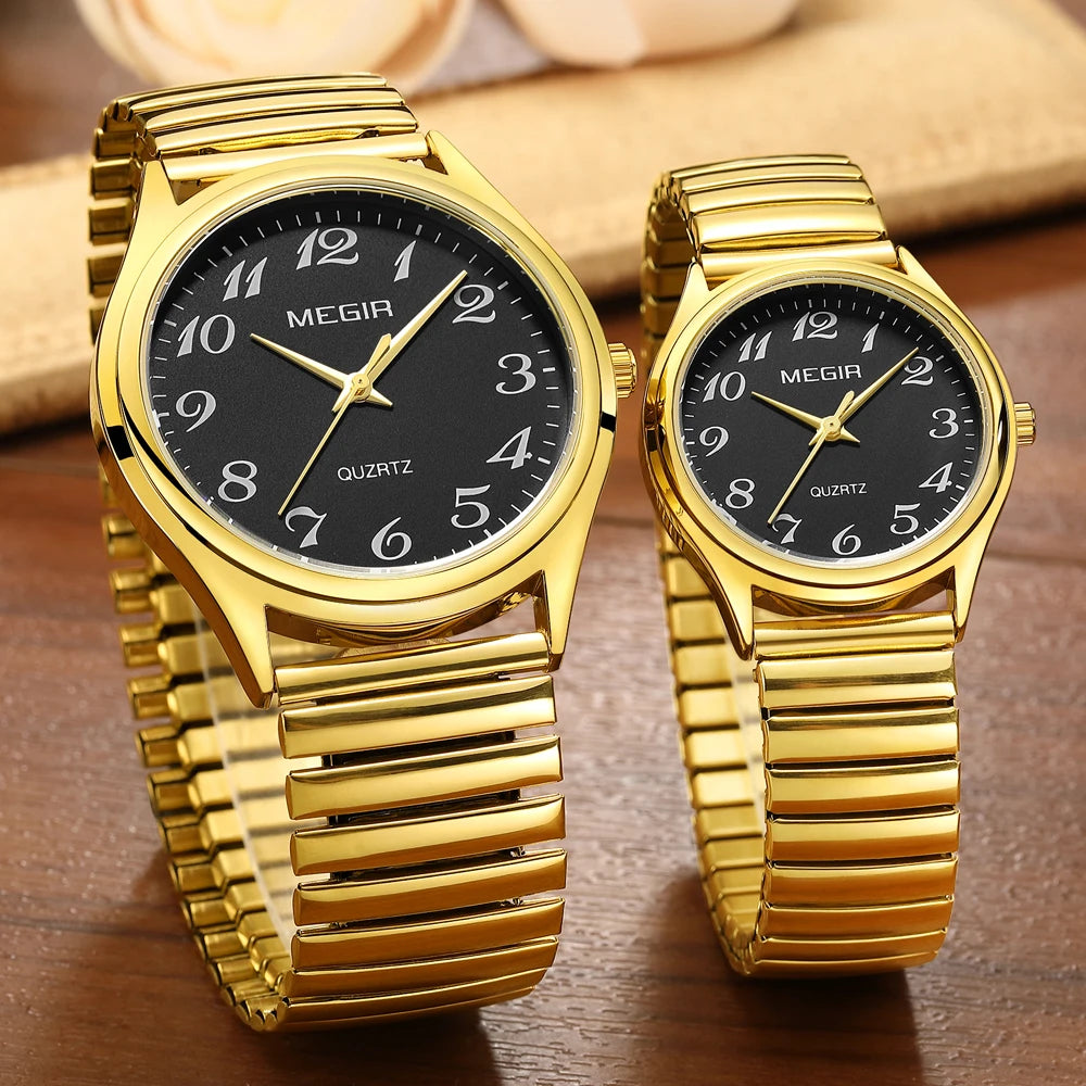 MEGIR Top Luxury Couple Watch for Men Women Golden Stainless Steel Quartz Wrist Watches Lovers Analog Wristwatch Waterproof
