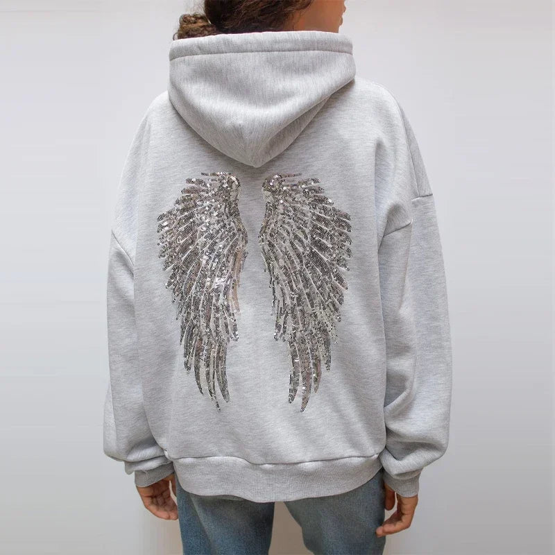 2025 Fashion Whiter Wing Glitter Patchwork Hoodies Women Casual Full Sleeve Lace Up Pocket Top Autumn Winter High Street Outfits
