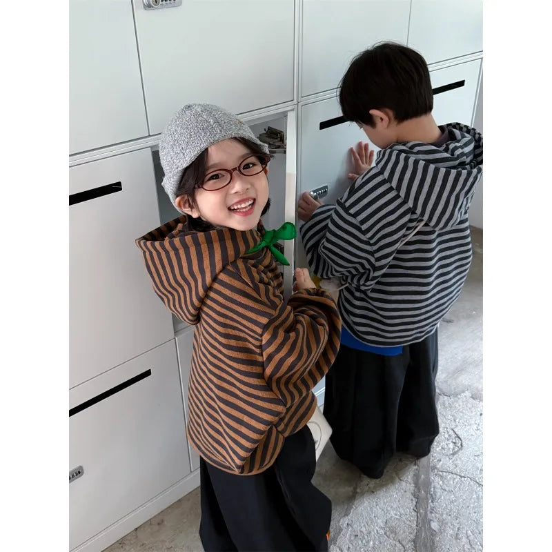 Boys Hoodie 2025 Autumn Winter Korean Style Fashion Trendy Minimalist Versatile Loose Striped Long Sleeve Hooded Top
