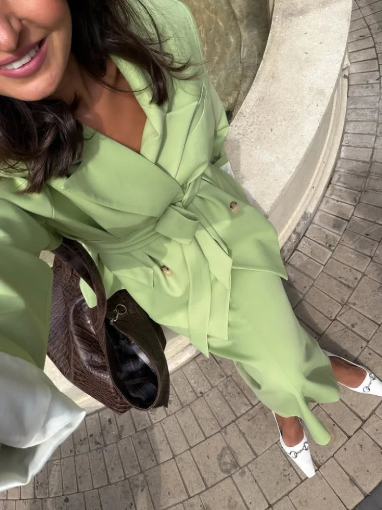 Elegant Solid Women's Blazer Skirts Suit Full Sleeve Lapel Belt Coat Slim Long Skirt Lady Set 2026 Autumn Office Green Set Lady