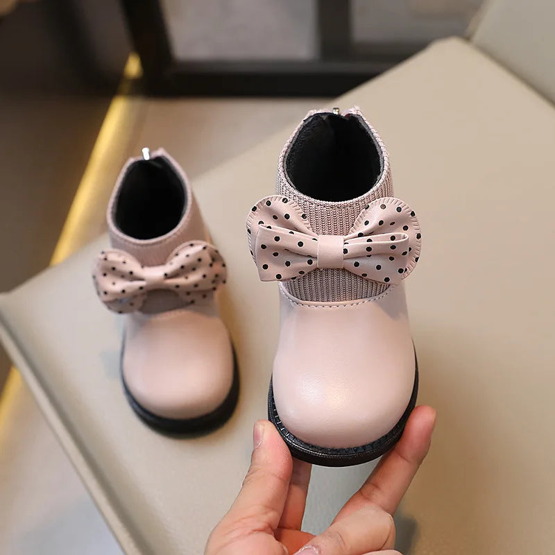 Children's Cotton Boots Winter New Kids Shoes Bow Girls Soft Bottom PU Leather Boots Baby Side Zipper Design Boots Toddler Shoes