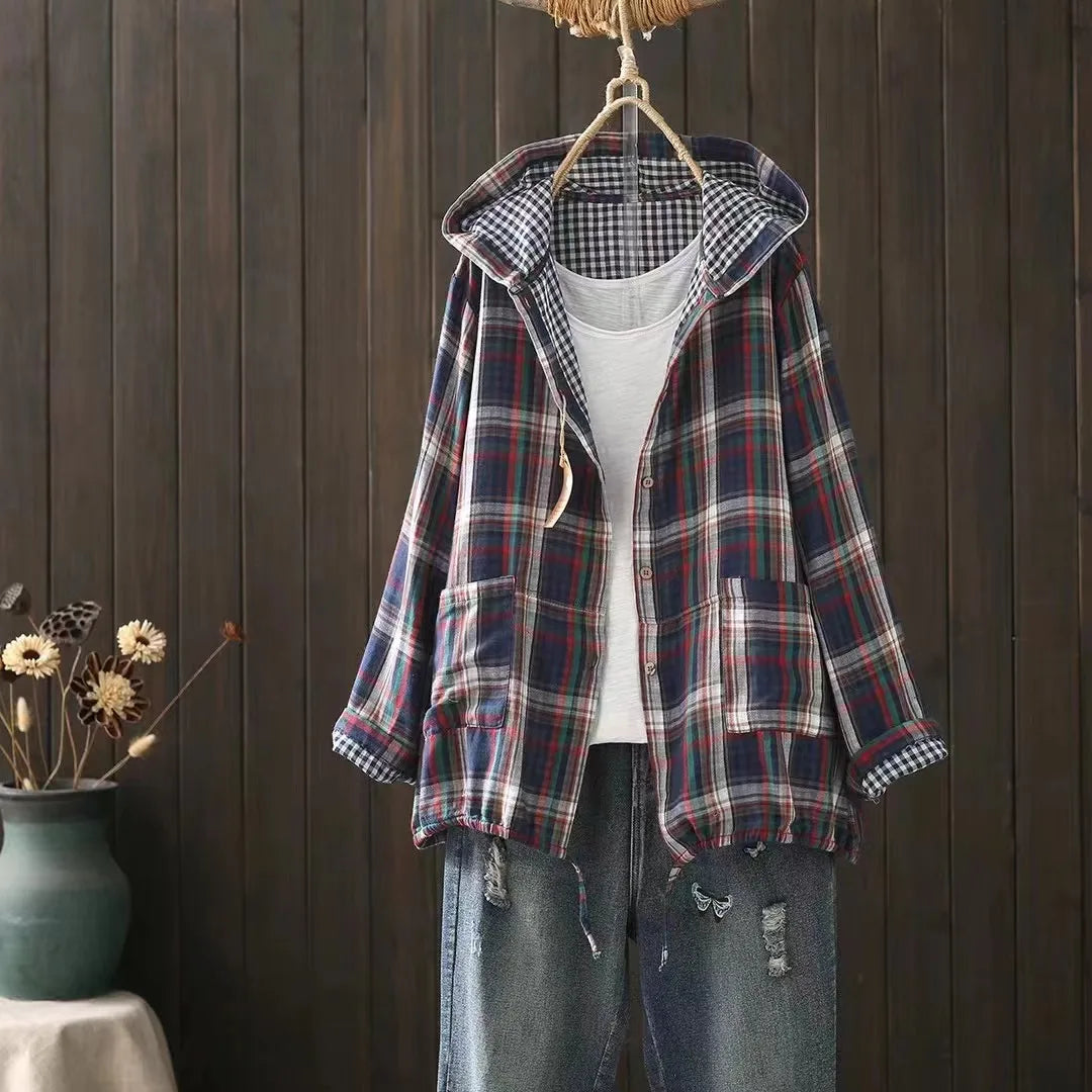 New Summer Long Sleeve Anti-sunburn Coat, Hooded Vintage Plaid Shirt Coat for Women, Elegant Fashion 2024 Autumn Top C47671QM