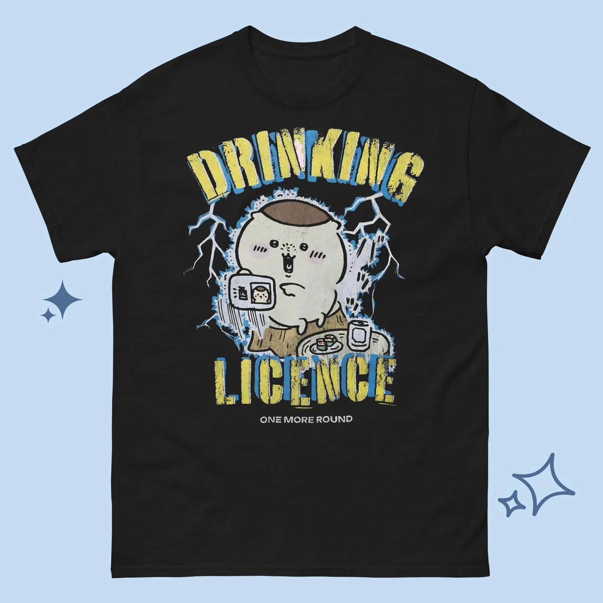 Chiikawa Kurimanjuu Drinking Licence Retro Anime T-shirt Distressed Graphic Cotton Tee Unisex Grunge Casual Streetwear Shirt