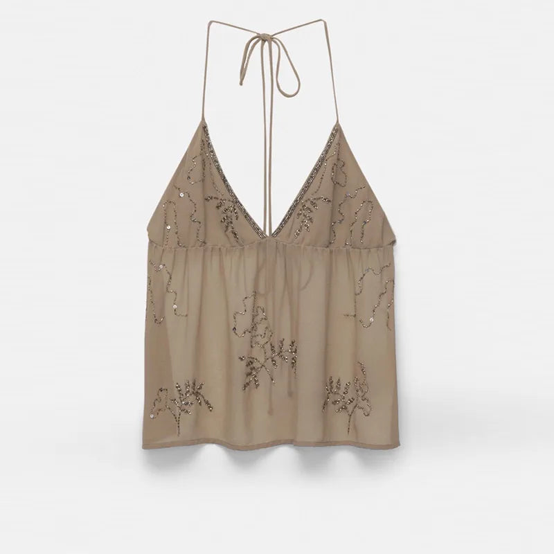 Bead Studded Women Halter Top Sequin Straps Large Backless Lace Up Sexy V-Neck Vest Suspender Mesh Micro perspective Tank Blouse