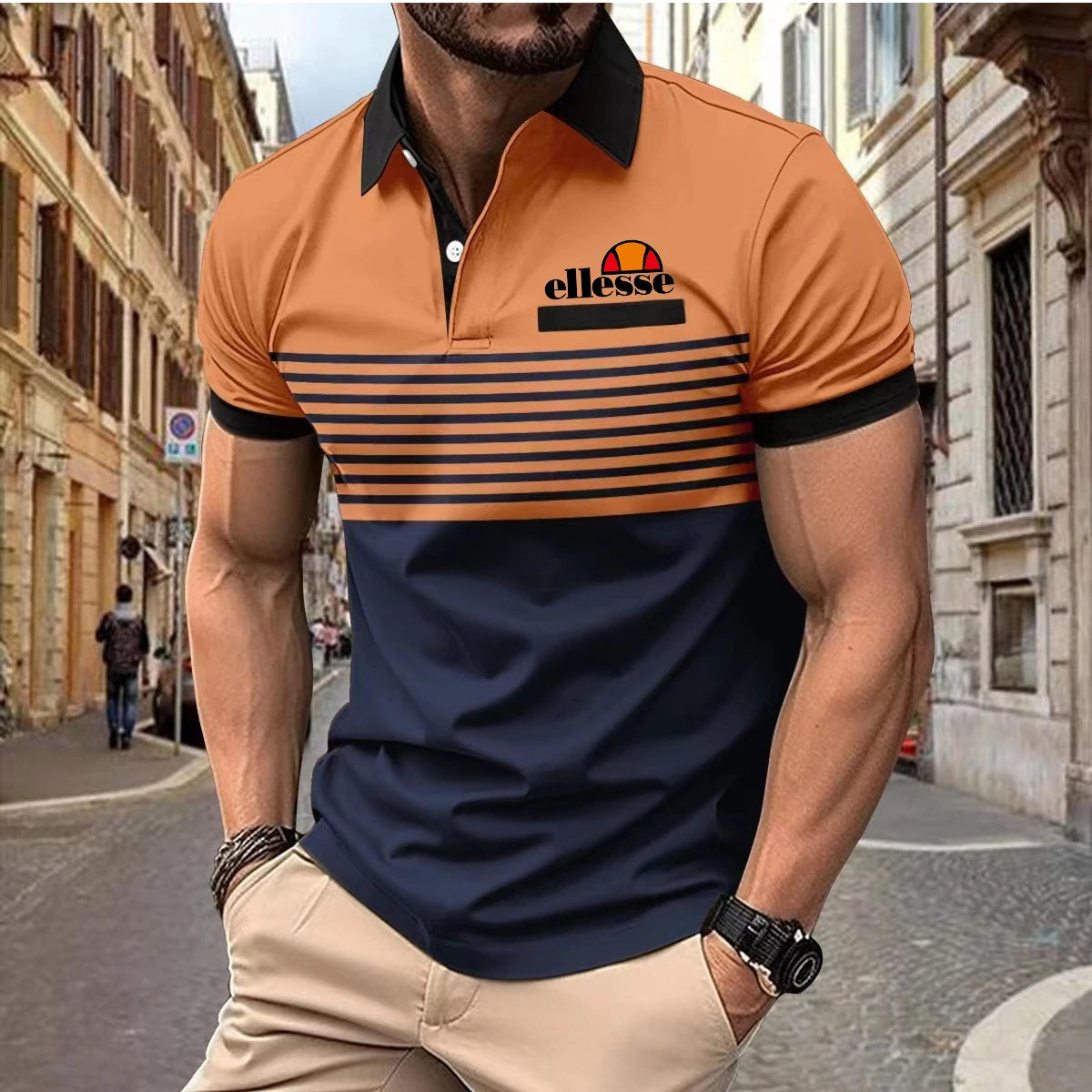 Premium Men's ellesse Polo Shirt: Skin-Friendly Material, Contrast Collar & Cuffs, Horizontal Stripes with Classic ellesse Logo