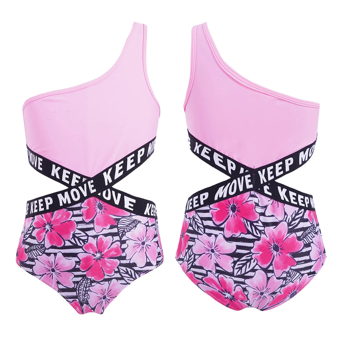 Kids Girls Hollow Out One-piece Swimwear Single Shoulder Letter Print Bodysuit Swimsuit Pool Bathing Suit Beachwear Sportswear