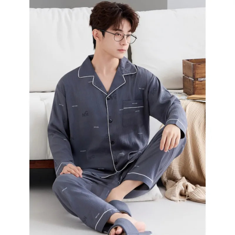 Men's Pajama Set for Spring & Autumn, Simple All-Match Long Sleeve & Long Pants Loungewear, Fashion Handsome Daily Homewear