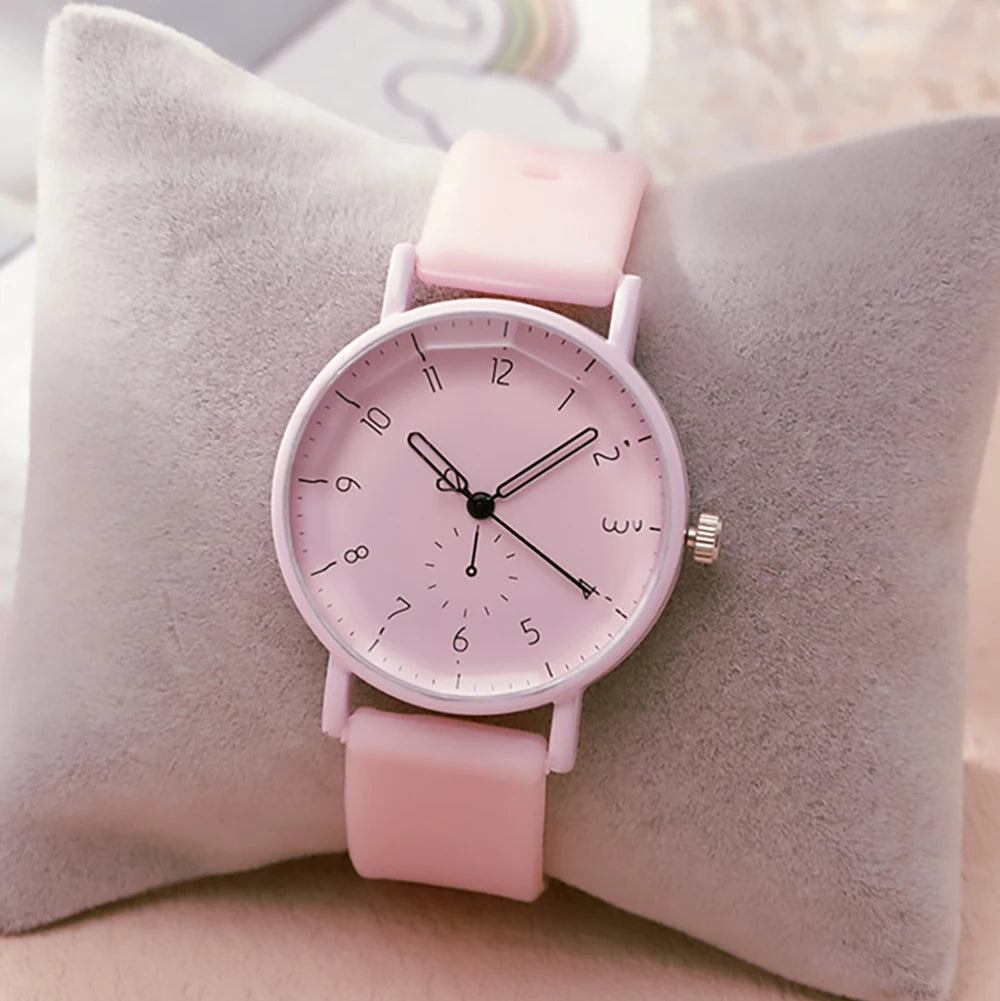 Fashion Women's Pink Minimalist Watch Silicone Strap Quartz Wristwatch Elegant Ladies Watches