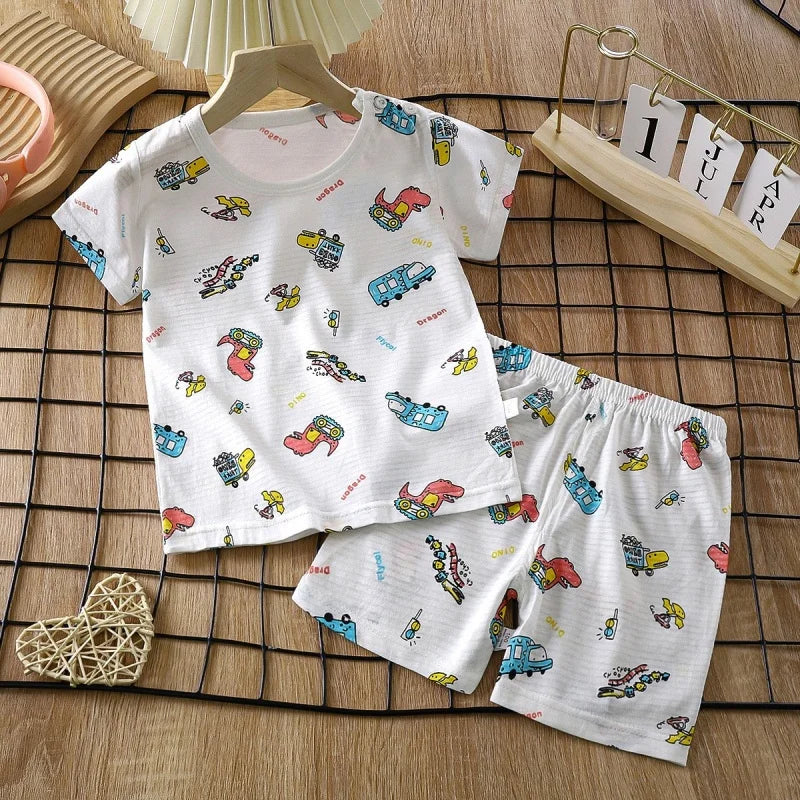 Pajama Cartoon T-Shirt+Shorts 2-Piece Clothing Set Kids Summer Baby Boys Girls Casual Tracksuit Clothes Suit 0-6 Years