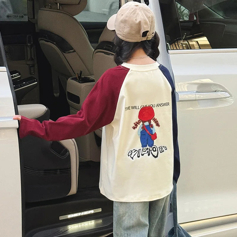 Children Sweatshirt for Girls New Spring Fall Clothes Cute Cartoon Pattern Pullover Loose Top Kids Korean Polo Sweatshirts 5-14Y