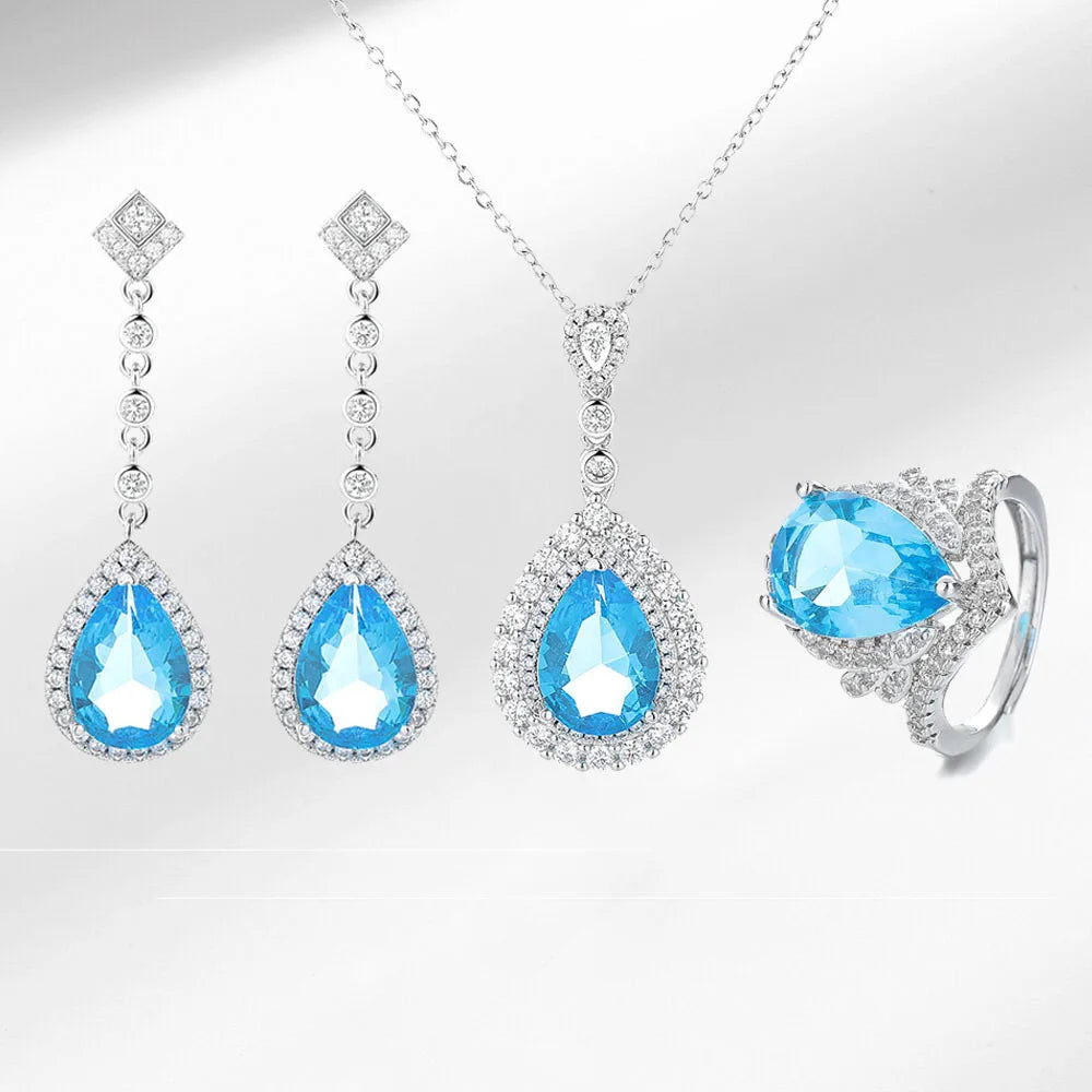 Women's Luxury Blue Water Drop Jewelry Set 925 Silver Cubic Zirconia Necklace Earrings Ring Bridal Wedding Party Jewelry Set