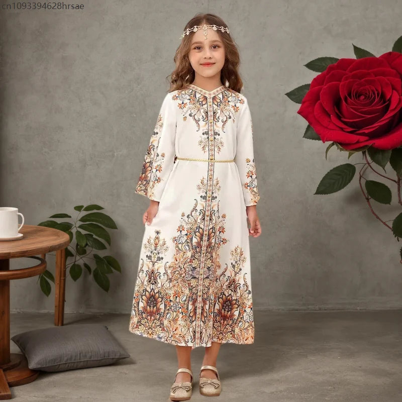 Girl's Arabian Turkish Dubai Robe Girls Long Dresses Gowns Printed Dresses Middle East Fashionable Children Dress