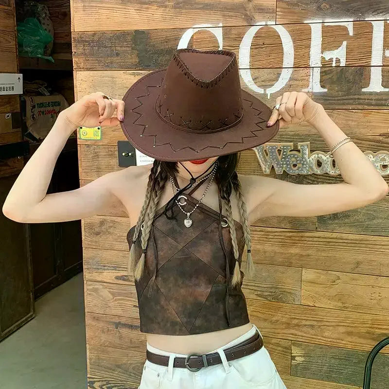 Women Men Cowboy Hat Western Suede Cowgirl Hats Fashion West Fancy Dress Party Headwear Unisex Cap Accessories