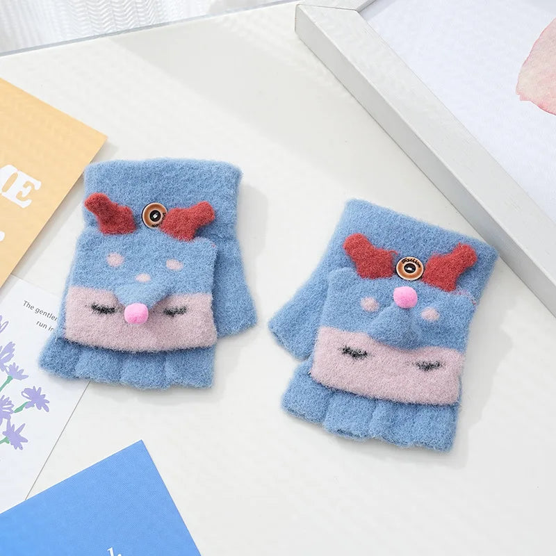Children's Warm Gloves for Boys and Girls Cartoon Cute Half Finger Knitted Winter Flip Cover Baby Thick Cold Proof Five Fingers