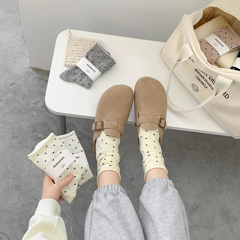 Women's spring summer thin vintage cream curled-edge women's socks polka dot mid-tube socks artistic socks women