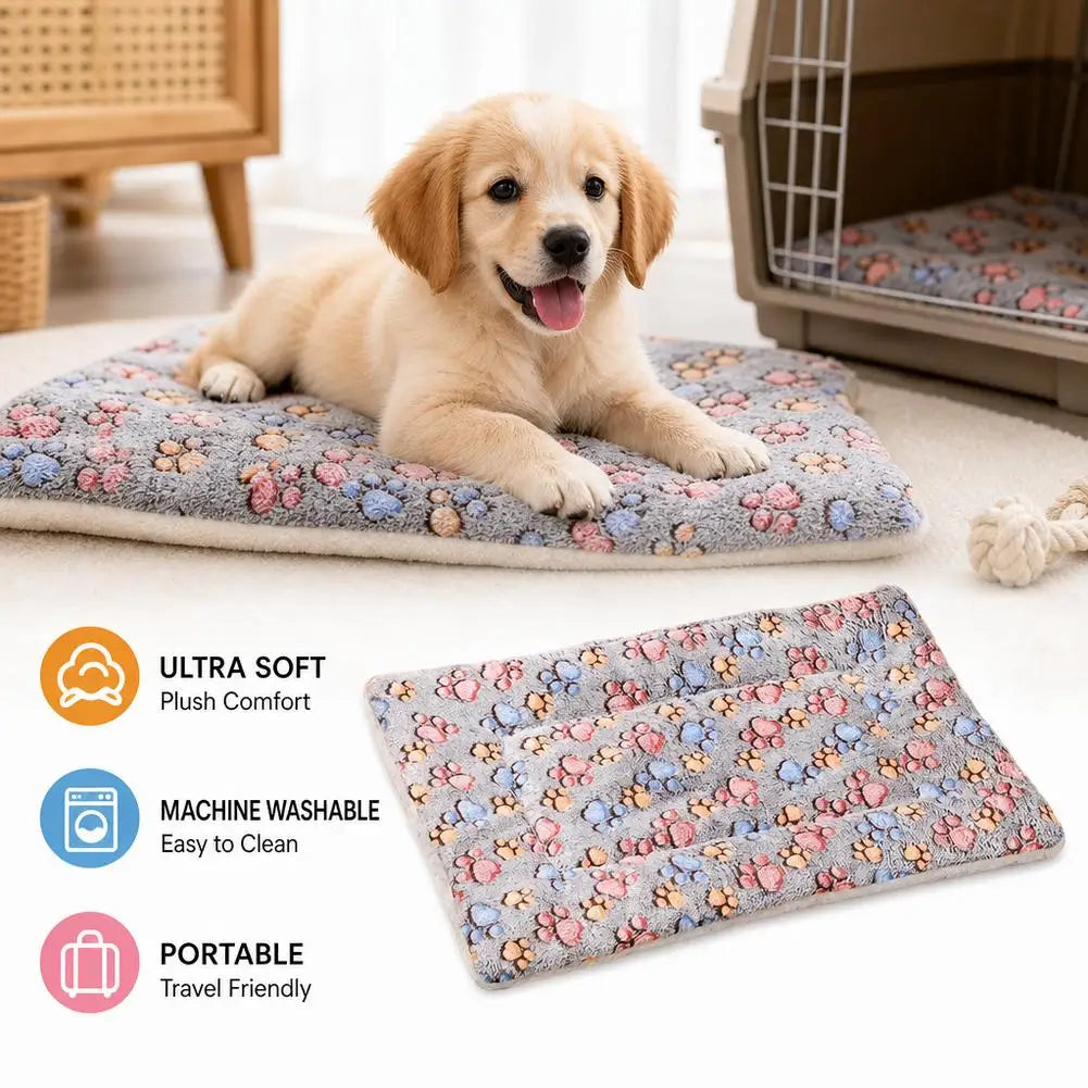 Dog Bed Mat Cat Sleeping Cushion Soft Plush Pet Blanket Thickened Warm Flannel Paw Print Puppy Sofa Mat All Seasons Washable