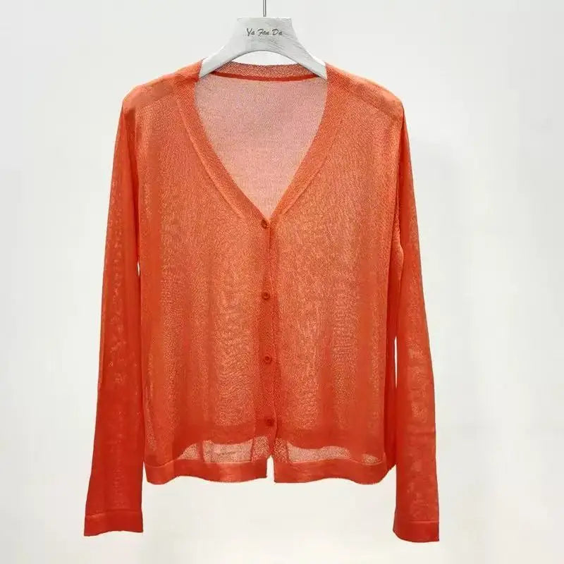 Cardigan Women Korean Long Sleeve Cardigan Summer Cropped Cardigan Knitted V-Neck Thin Ice Silk Sweaters Sunscreen Shirt Tops