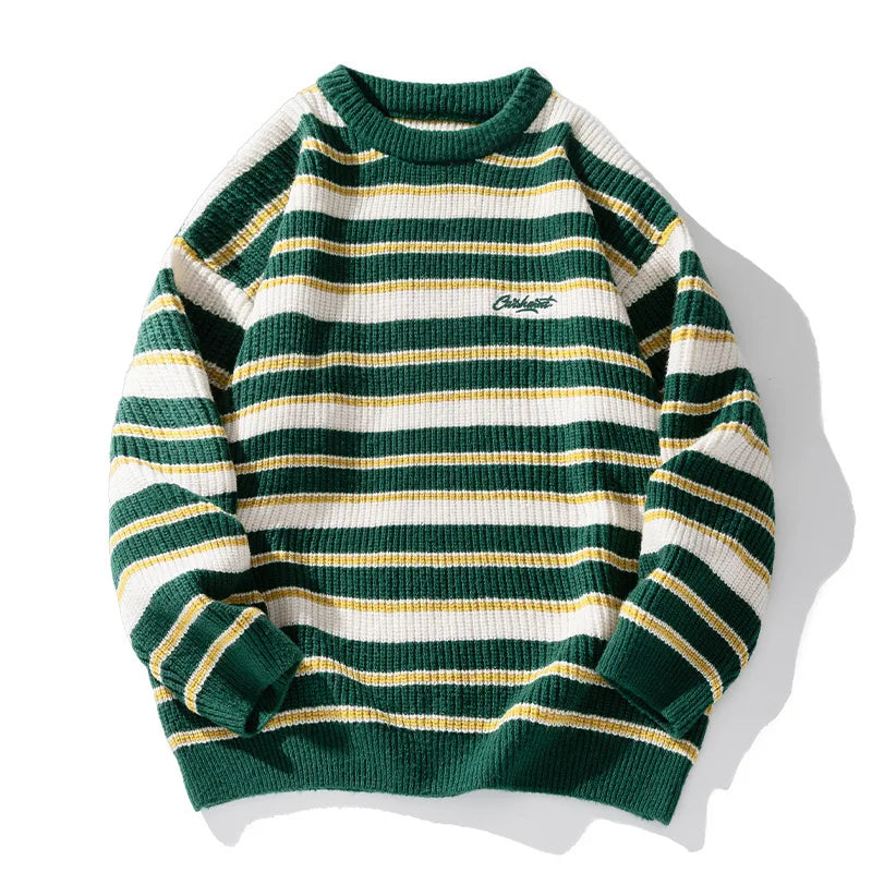 Vintage Striped Knitted Sweaters for Men Autumn Winter New Casual O-neck Embroidered Pullovers Street Style Couple Sweater Coats