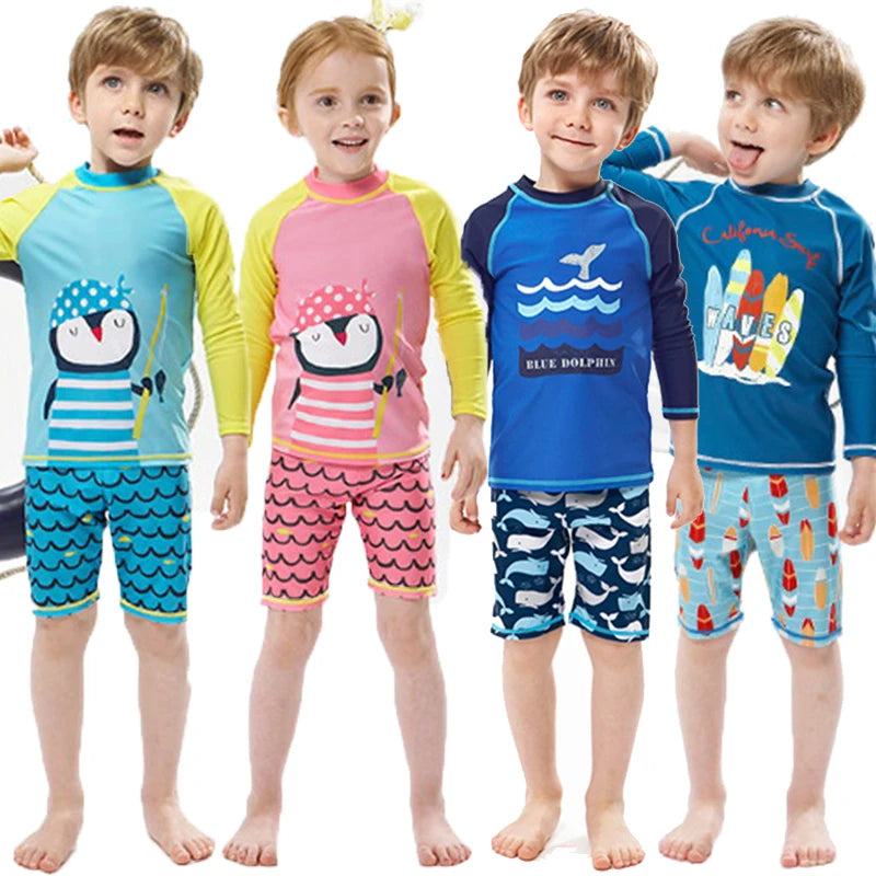 2025 Boys Girls Swimwear 3 to 4 5 6 7 8 9 10 11 12 Years Toddler Summer Cute Swimsuit Long Sleeve Kids 2piece Set Surf Beachwear