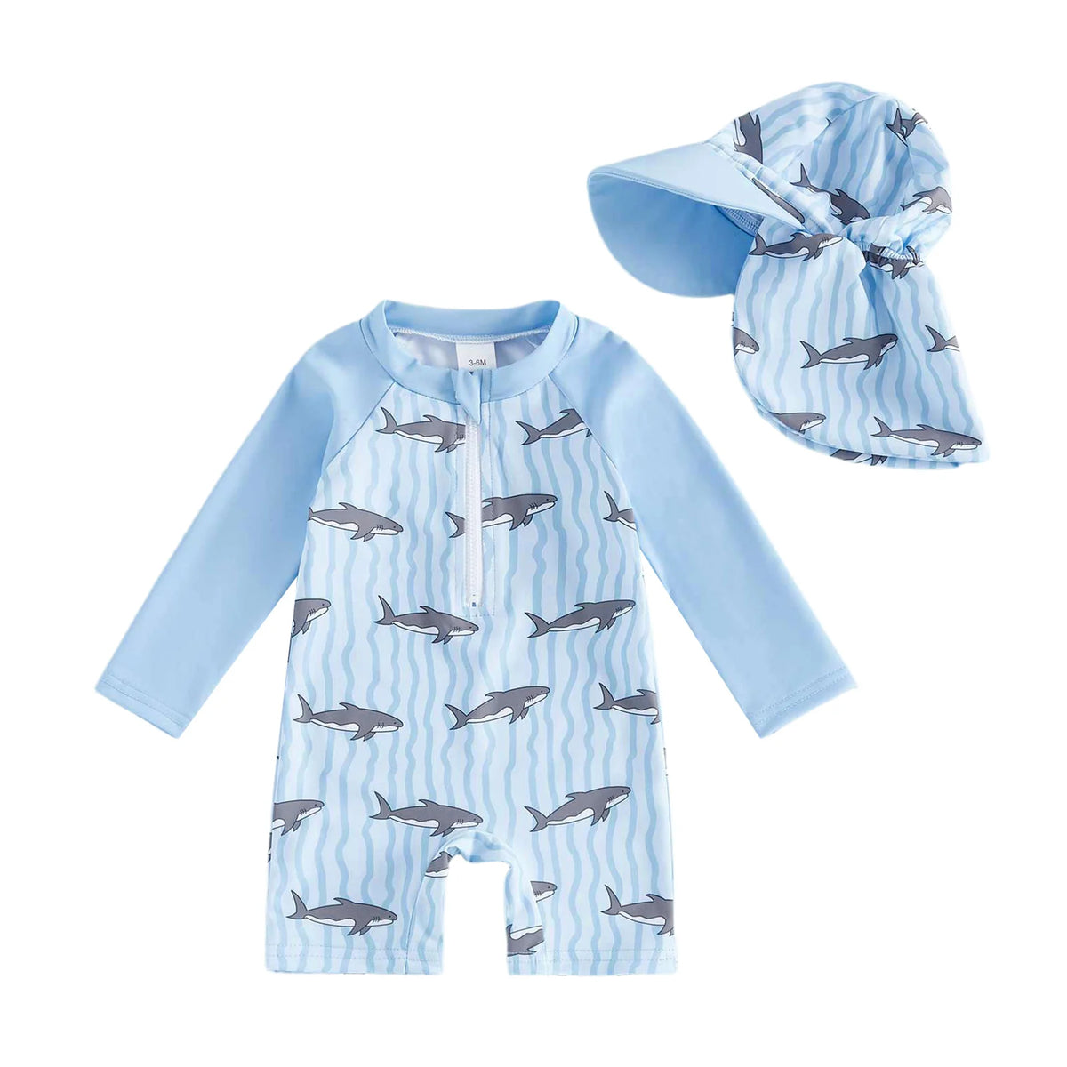 0-5Years Toddler Kids Boys Swimsuit Set Sailboat/Shark Print Crew Neck Long Sleeve Upper Zipper Rash Guard Swimwear and Sun Hat