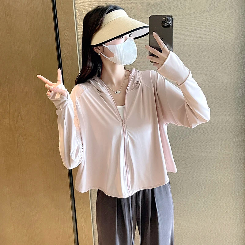 Full Coverage UPF 40+ Sun Protection Jacket Women Summer Breathable UV Protection Hooded Jacket Woman Loose Cropped Cardigan Top