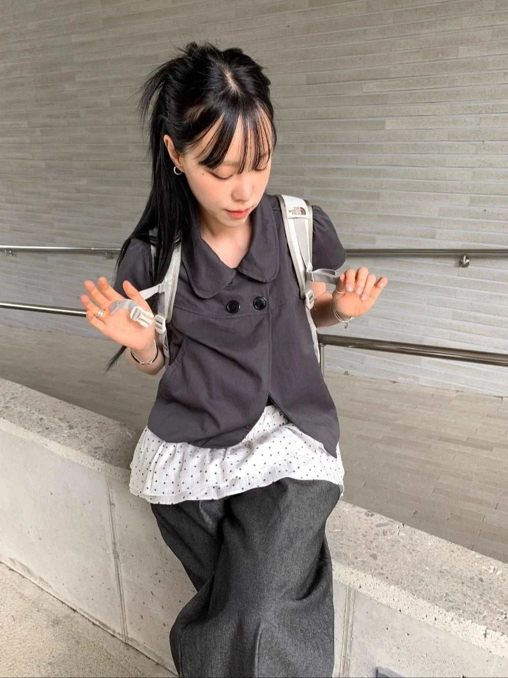 Casual Sle ort Sve irt Vintage Doll Collar Four Buttons Girl Feeling SEI Japanese Sle Summer Top Women's Faion