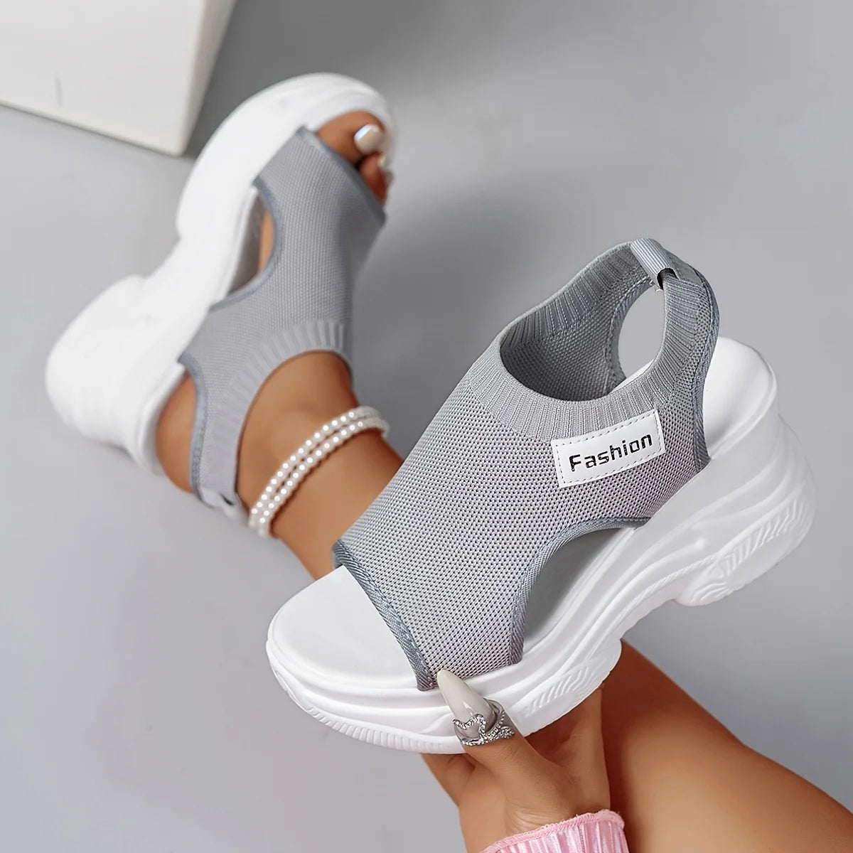 Women Fashion Platform Wedge Sandals Peep Toe Knit Mesh Breathable Lightweight Comfortable Sporty Walking Casual Outdoor Slides