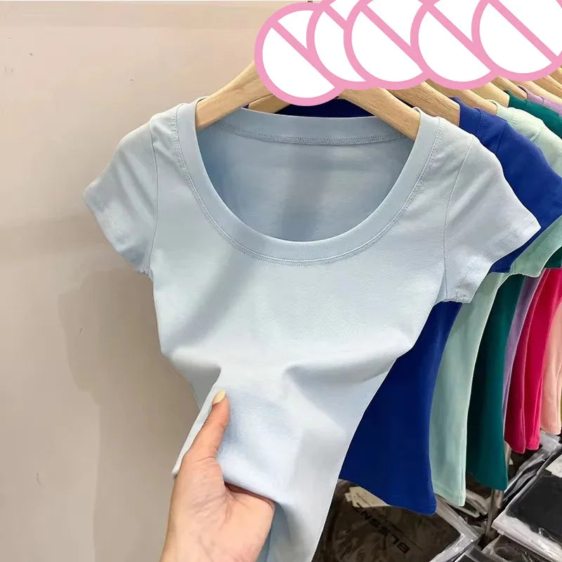 Women's Clothing U-neck T-Shirts Tops Tees pure cotton shoulder sleeved summer solid color slimming short low neck bottom shirt