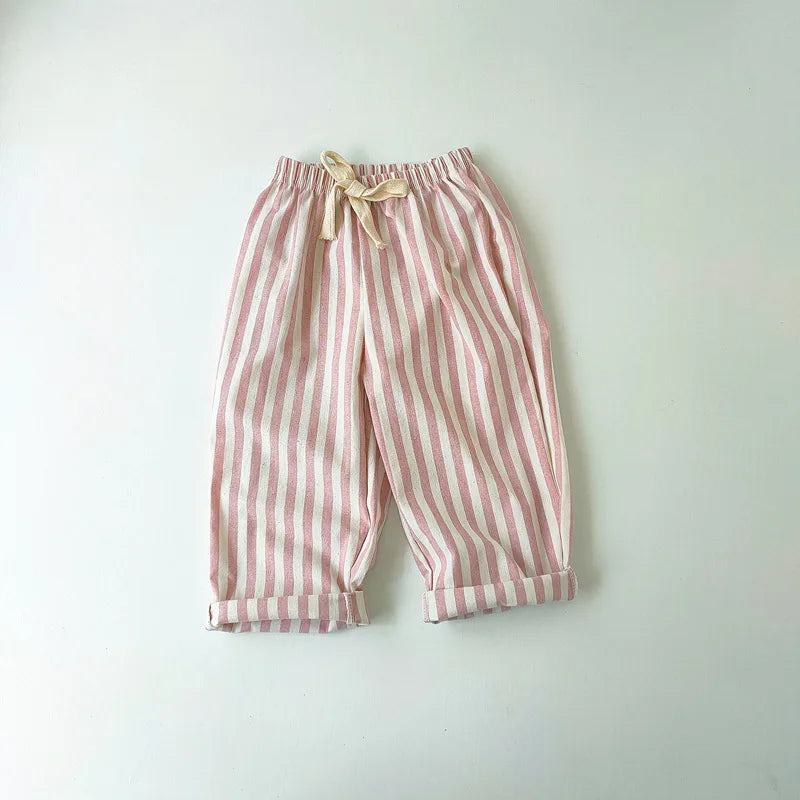 Linen Cotton Stripe Pants for Boys Girls Summer Autumn Casual Loose Kids Children's Trousers