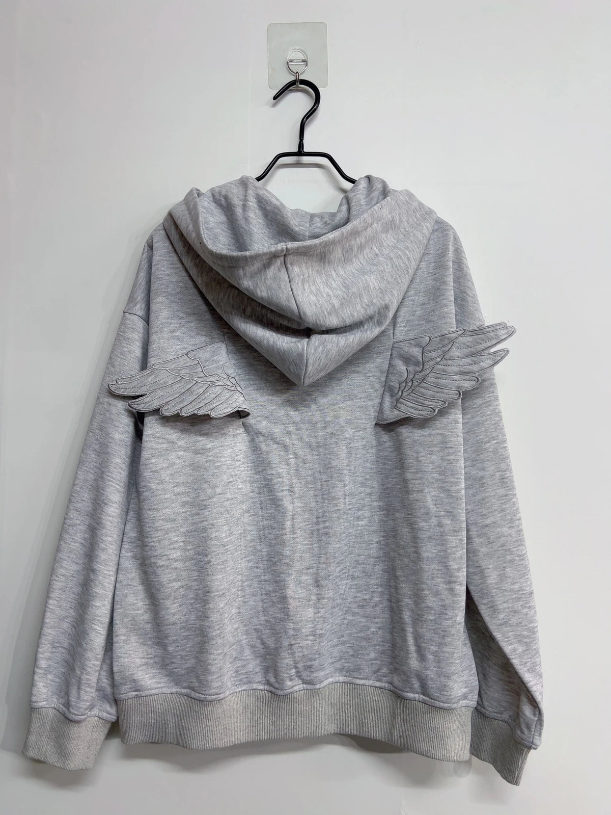 Women Fashion Grey Angel Wing Embroidered Hoodie Zipper Kawaii Pullover Sweatshirt Wing Y2K Streetwear Goth 2000s Alt Clothes