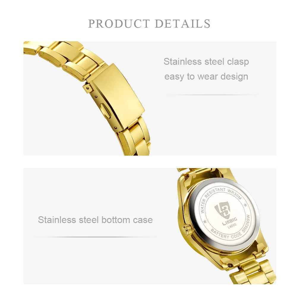 LIEBIG L4005 Fashion Golden Quartz Watches Women Luxury Full Steel Strap Waterproof Girls Wristwatch Ladies Clock Relogio Hombre