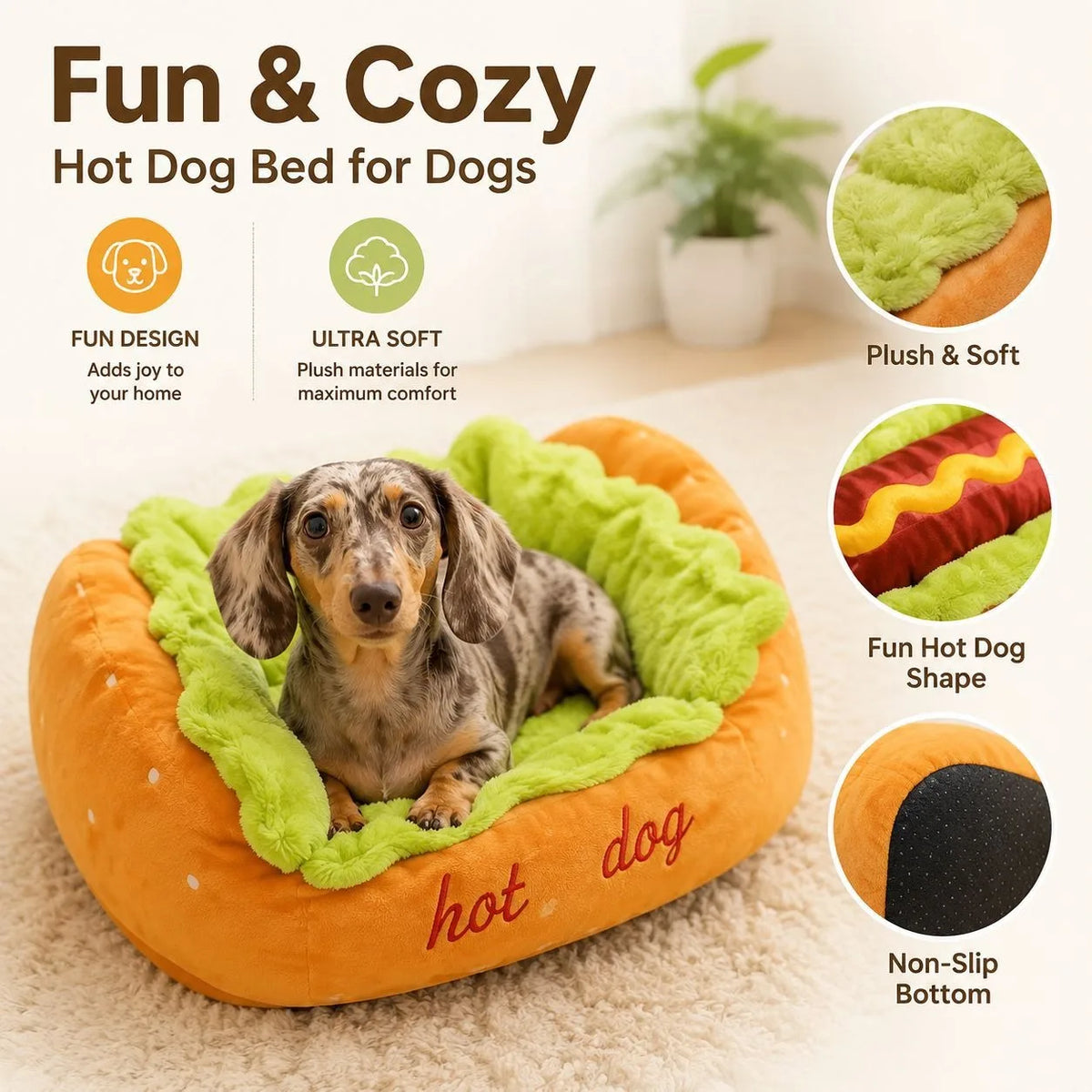 Plush Hot Dog Pet Bed Detachable Pet Nest Warm Soft Sleeping Cushion Cute Cartoon Sausage Design Dog Bed Cat Sofa Pet Accessory
