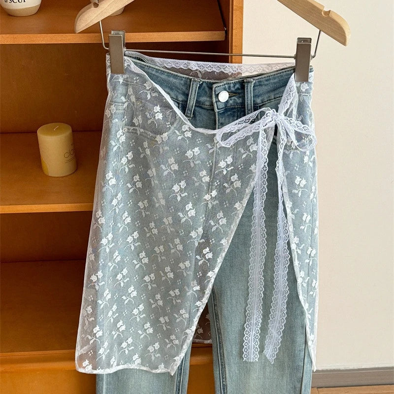 Spring Summer Lace-up Lace Side Half-body Skirt Short Fart Curtain Apron Girls Sweet Jeans Casual Pants Accessories Skirt