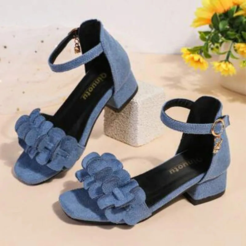 Children Princess Sandals Girls Suede Flowers Dress Shoes Kids Low Heels Sweet Performance Shoes Fashion Classic Summer 26-37