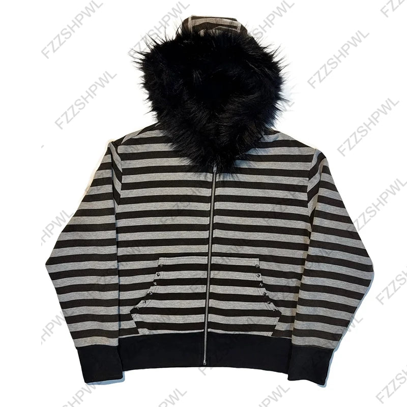 Y2k Women Aesthetic Harajuku Faux Fur Collar Hoodies Clothes Graphic Hip Hop Punk Gothic Zip Up Hoodies Streetwear Jackets EGirl