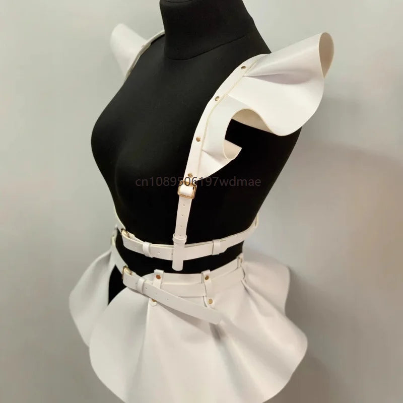 Women PU Leather Wing Shoulder Harness Peplum Skirt Adjustable  Buckle Rave Festival Outfit Clubwear Gothic Punk Cosplay Costume