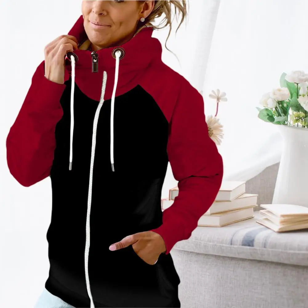 Drawstring Women Hoodie Zipper Hooded Fleece Contrast Color Cardigan Casual Lady Hoodie Casual Autumn Hoodie Lady Sweatshiet