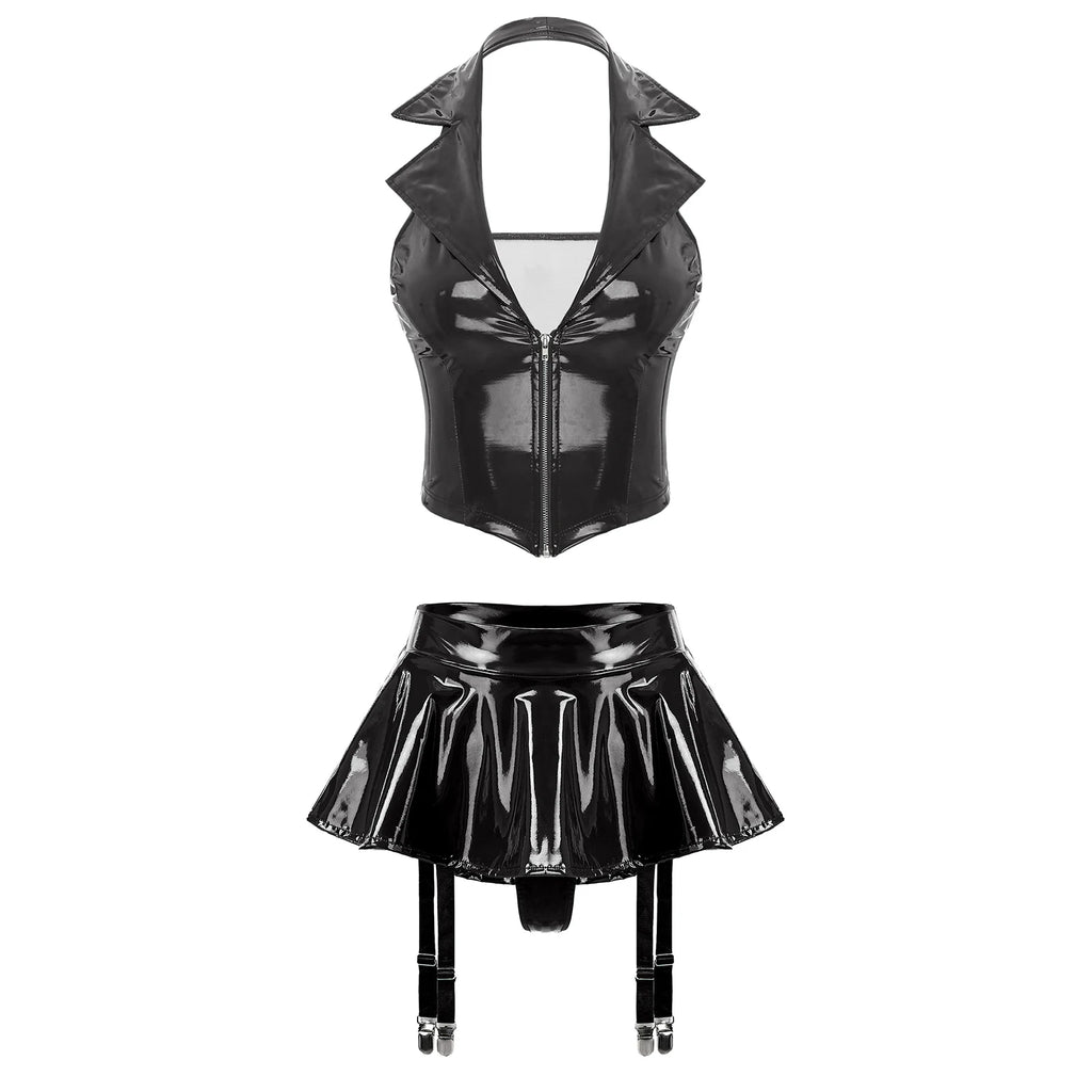 Womens Wet Look Patent Leather Halter Vest with Miniskirt Built-in Thongs Garter Clips Party Pole Dance Sexy Lingerie Clubwear