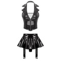 Womens Wet Look Patent Leather Halter Vest with Miniskirt Built-in Thongs Garter Clips Party Pole Dance Sexy Lingerie Clubwear