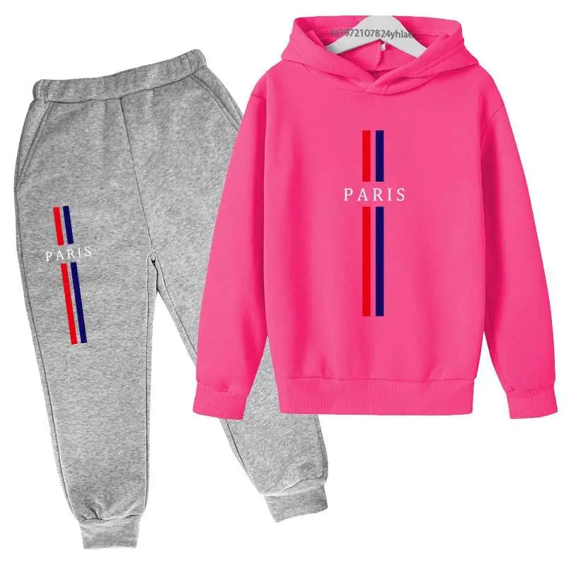 Kids Autumn Spring Casual Paris Print 2pcs Hoodie+Pants Tracksuits 2-13Years Boys Girls Fashion Streetwear Children Clothes Sets