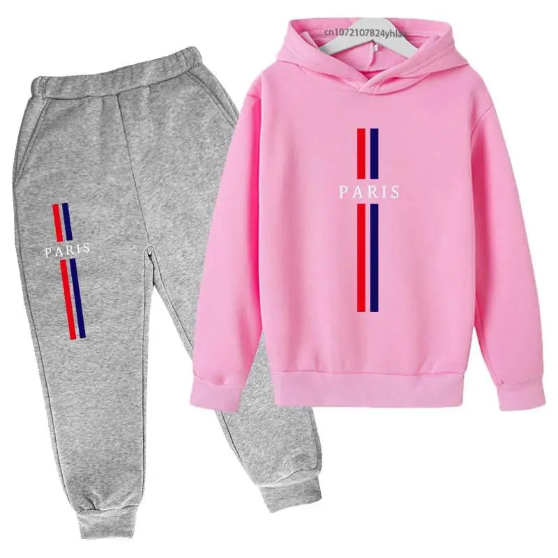 Kids Autumn Spring Casual Paris Print 2pcs Hoodie+Pants Tracksuits 2-13Years Boys Girls Fashion Streetwear Children Clothes Sets