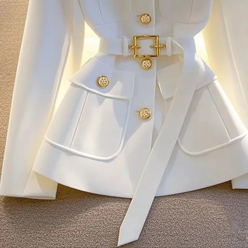 Women Blazer Coat New 2025 Autumn Long Sleeve Single Breasted Belt Pocket Elegant Office Ladies Suit Jacket Lady Outerwear Tops